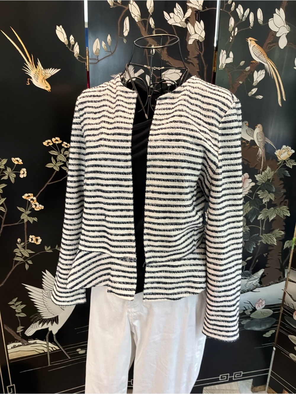 LOFT Striped Open Front Textured Peplum Jacket Tweed Look Black White